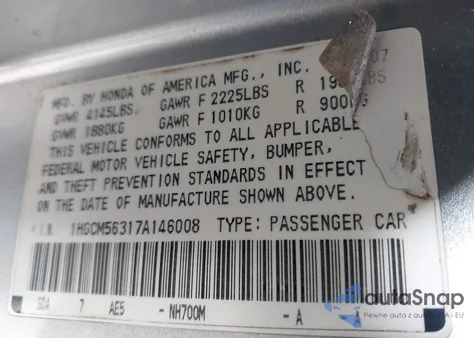 2007 Honda Accord 2.4 Se from USA, damaged, VIN 1HGCM56317A146008